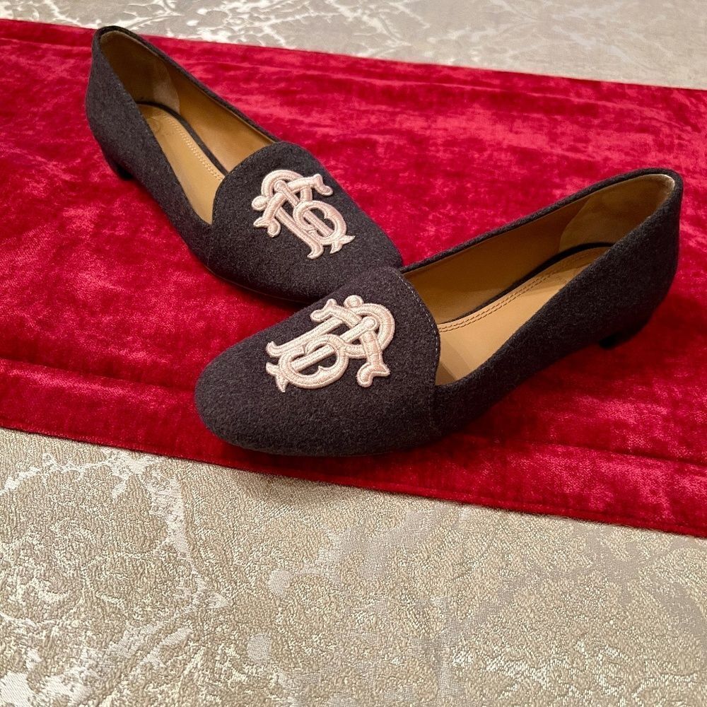 EEUC Tory Burch Antonia Gray & Pink Wool Felt Smoking Style Flats Loafers Size 6